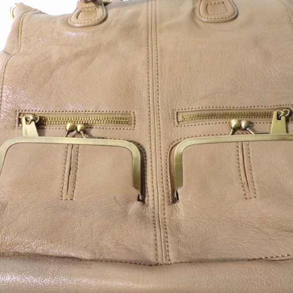 CYNTHIA ROWLEY Survivor Leather Tan Satchel Bag Exterior Pockets Zippers